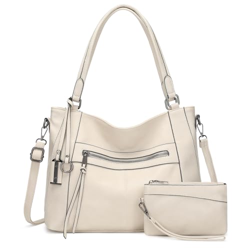 BAIGIO 2-teilige Handtaschen Damen Set Umhängetasche Groß Shopper Tasche PU Leder Schultertasche Crossbody Bag Tote Laptop Damentasche Henkeltaschen Tragetasche mit Geldbörse Reißverschluss, Beige von BAIGIO