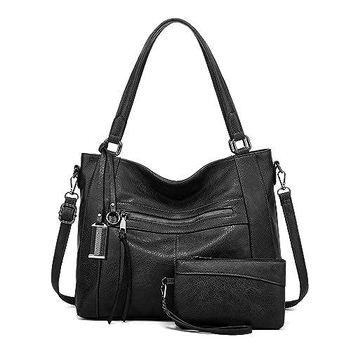 BAIGIO 2-teilige Handtasche Damen Umhängetasche Mittelgroß Shopper Tasche PU Leder Crossbody Tote Bag Set Schultertasche Damentaschen Henkeltaschen Tragetasche mit Geldbörse Reißverschluss, Schwarz von BAIGIO