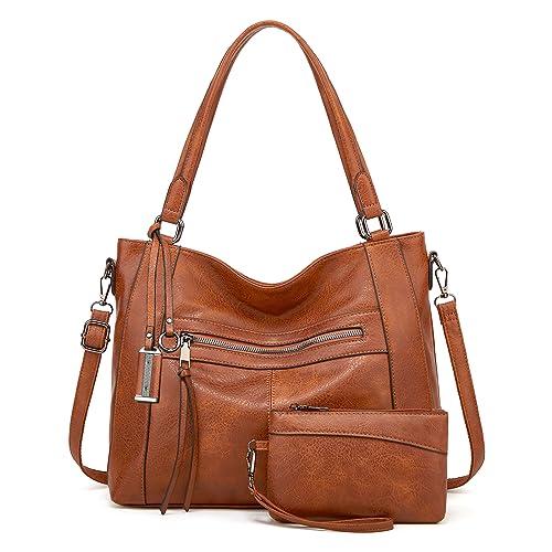 BAIGIO 2-teilige Handtaschen Damen Set Umhängetasche Groß Shopper Tasche PU Leder Schultertasche Crossbody Bag Tote Laptop Damentasche Henkeltaschen Tragetasche mit Geldbörse Reißverschluss, Braun von BAIGIO