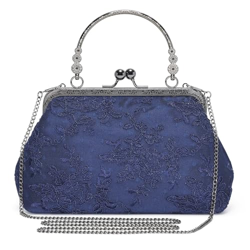 BAIGIO Clutch Damen Elegant Abendtasche Damen Vintage Clutch Tasche Kleine Tasche Floral Handtasche Umhängetasche für Party Hochzeit Brauttasche Spitze Blau Kettasche von BAIGIO