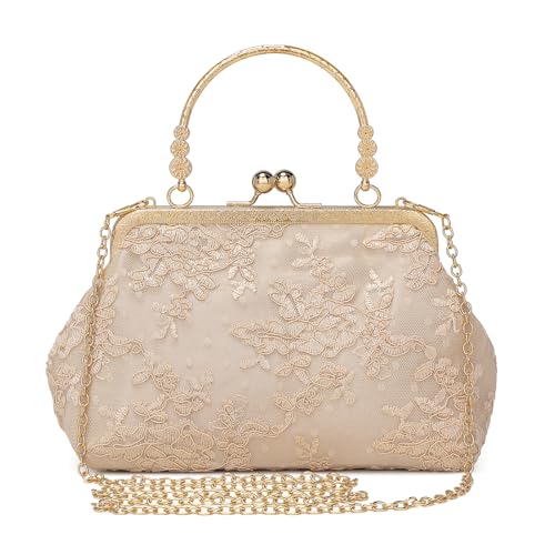 BAIGIO Clutch Damen Elegant Abendtasche Damen Vintage Clutch Tasche Kleine Tasche Floral Handtasche Umhängetasche für Party Hochzeit Brauttasche Spitze Champagner Kettasche von BAIGIO