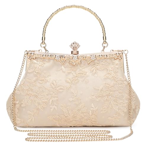 BAIGIO Clutch Damen 1920s Abendtaschen Damen Vintage Clutch Kleine Tasche Floral Elegant Handtasche Umhängetasche für Party Hochzeit Brauttasche Spitze Kettasche Champagner von BAIGIO