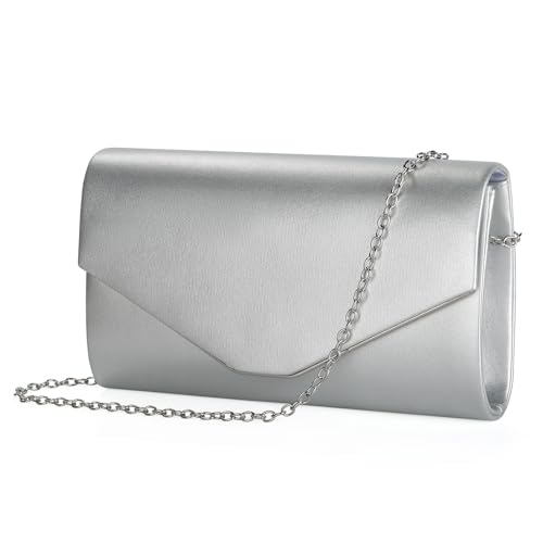 BAIGIO Damen Clutch Leder Elegant Abendtasche PU Brauttasche Silber Clutch mit Abnehmbarer Kette Formal Handtasche für Hochzeit Party Prom von BAIGIO