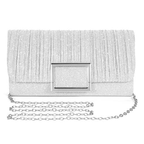 BAIGIO Damen Silber Glitzer Clutch Elegante Envelope Handtasche 22 x 5 x 12 cm Hochzeit Party Kettetasche von BAIGIO