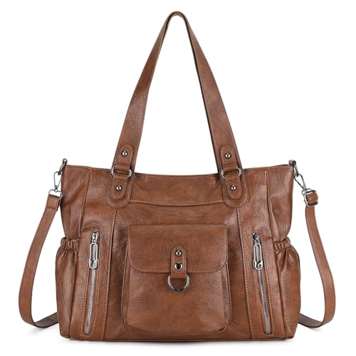 BAIGIO Handtasche Damen Groß Shopper Tasche Schultertasche PU Leder Tote Bag Vintage Große Umhängetasche Frauen mit Mehr Fächern & Verstellbarem Schultergurt für Uni Arbeit Laptop, Braun von BAIGIO