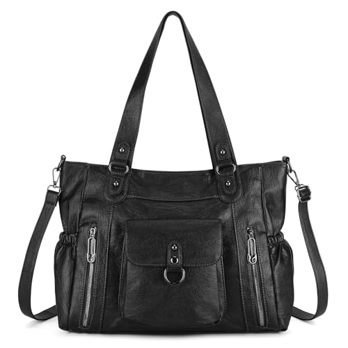 BAIGIO Handtasche Damen Groß Shopper Tasche Schultertasche PU Leder Tote Bag Vintage Große Umhängetasche Frauen mit Mehr Fächern & Verstellbarem Schultergurt für Uni Arbeit Laptop, Schwarz von BAIGIO