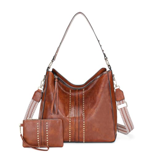 BAIGIO Handtasche Damen Leder PU Umhängetasche Shopper Hobo Taschen Groß Schultertasche Leder PU Tote Laptop Tasche Damentasche Henkeltaschen Tragetasche Geldbörse Einkauf Reise 2PCS Braun von BAIGIO