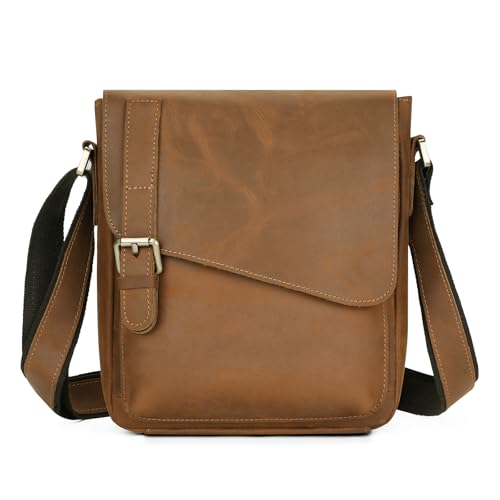 BAIGIO Herren Echtleder Schultertaschen Retro Crazy Horse Leder Männer Taschen Umhängetasche Braun Messenger Bag Casual Arbeit Reisetasche für Telefon Geldbörse Schlüssel Reisepass Brille von BAIGIO