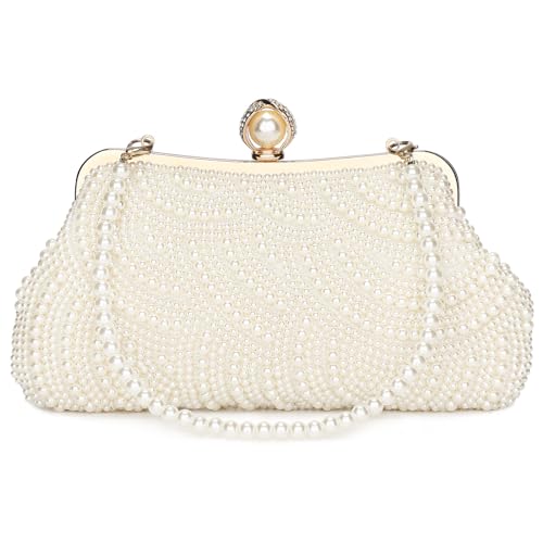 BAIGIO Perlen Damen Clutch Beige Abendtasche Brauttasche Elegant Handtasche Luxury Clutch für Mädcehen Umhängetaschen Klein Tasche für Hochzeit Geburtstag Afterparty Soft von BAIGIO