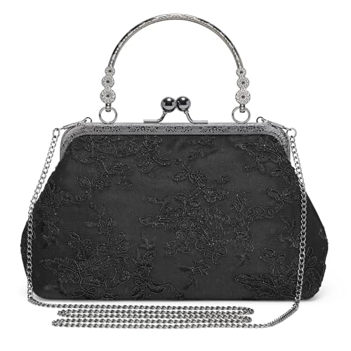 BAIGIO Clutch Damen Elegant Abendtasche Damen Vintage Clutch Tasche Schwarz Tasche Floral Handtasche Umhängetasche für Party Hochzeit Brauttasche Spitze Kettasche von BAIGIO