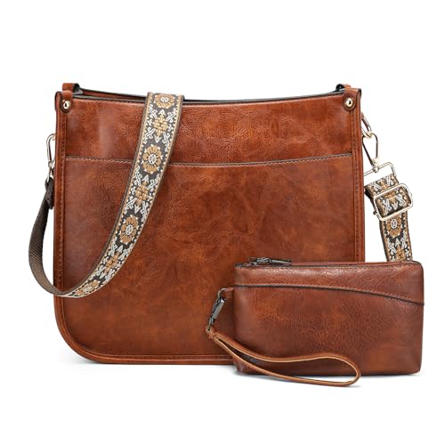 BAIGIO Umhängetasche Damen Mittelgroß Handtasche Crossbody Bag Schultertasche Set PU Leder Damentaschen Hobo Shopper Tasche für Frauen mit Geldbörse & mit Breitem Abnehmbar Schultergurt, Braun-2pcs von BAIGIO