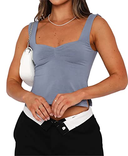 BAIGRAM Damen Ärmelloses Slim Crop Tank Top Sexy Plissee Bustier Sweetheart-Ausschnitt Riemchen Schlitze Crop Weste Cami, BLAU (ASH BLUE), Mittel von BAIGRAM