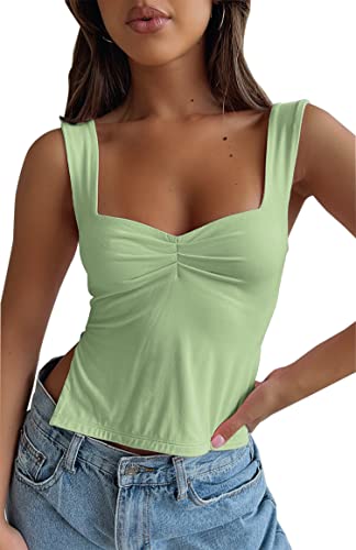 BAIGRAM Damen Ärmelloses Slim Crop Tank Top Sexy Plissee Bustier Sweetheart Neck Strappy Slits Cropped Weste Cami, Pea Green, Klein von BAIGRAM