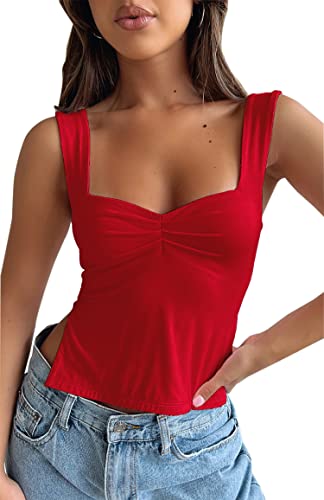 BAIGRAM Damen Ärmelloses Slim Crop Tank Top Sexy Plissee Bustier Sweetheart Neck Strappy Slits Cropped Weste Cami, Rot/Ausflug, einfarbig (Getaway Solids), Mittel von BAIGRAM