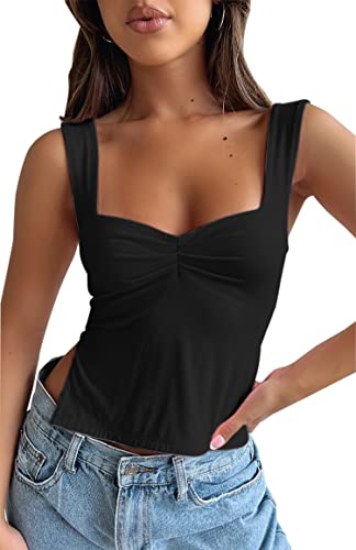 BAIGRAM Damen Ärmelloses Slim Crop Tank Top Sexy Plissee Bustier Sweetheart Neck Strappy Slits Cropped Weste Cami, Schwarz, Klein von BAIGRAM