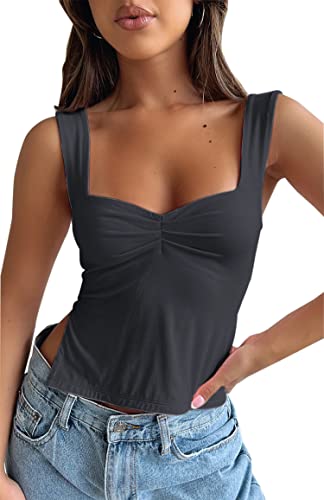 BAIGRAM Damen Ärmelloses Slim Crop Tank Top Sexy Plissee Bustier Sweetheart Neck Strappy Slits Cropped Weste Cami, grau dunkel, Klein von BAIGRAM