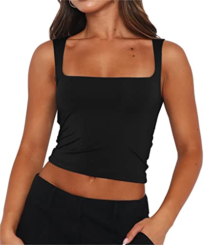 BAIGRAM Damen Strappy Skims Dupe U-Ausschnitt Crop Tank Tops Ärmellos Form Skinny Fit Cami Cropped Vest Workout, Schwarz, Mittel von BAIGRAM