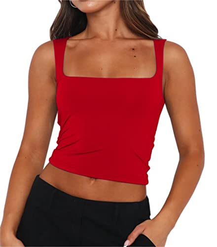 BAIGRAM Damen-Tanktop mit Trägern, trendig, U-Ausschnitt, ärmellos, schmale Passform, Cami, Cropped-Weste, Workout, Rot/Ausflug, einfarbig (Getaway Solids), Klein von BAIGRAM