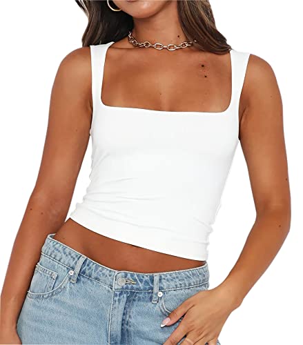 BAIGRAM Damen Trägerlose Skims Dupe U-Ausschnitt Crop Tank Tops Ärmellos Form Skinny Fit Cami Cropped Weste Workout, Weiss/opulenter Garten, Mittel von BAIGRAM