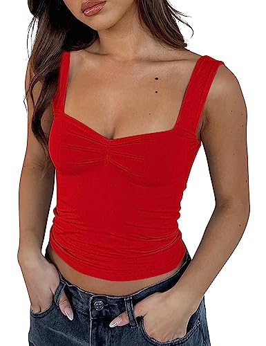 BAIGRAM Frauen Sweetheart Neck Geraffte Ausgehen Crop Tank Top Y2K Eng Slim Fit Cropped Plissee Sommer Cami Weste Top, Rot/Ausflug, einfarbig (Getaway Solids), X-Klein von BAIGRAM