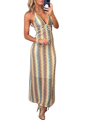 BAIMORE Damen Strandkleid Tiefer V-Ausschnitt Rückenfrei Gestreift Bodycon Neckholder Knit Maxikleid, Blau, Klein von BAIMORE