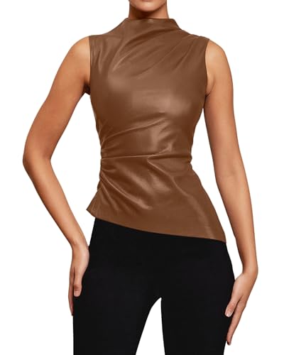 BAIMORE Damen Street Solid Mock Neck Sleeveless PU Leder Plissee Slim Fit Tank Top, Braun, Groß von BAIMORE
