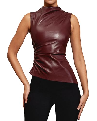 BAIMORE Damen Street Solid Mock Neck Sleeveless PU Leder Plissee Slim Fit Tank Top, Weinrot, Groß von BAIMORE