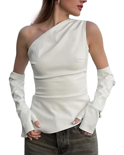 BAIMORE Damen Street Solid Mock Neck Sleeveless PU Leder Plissee Slim Fit Tank Top, Weiß (mit Überärmel), Mittel von BAIMORE