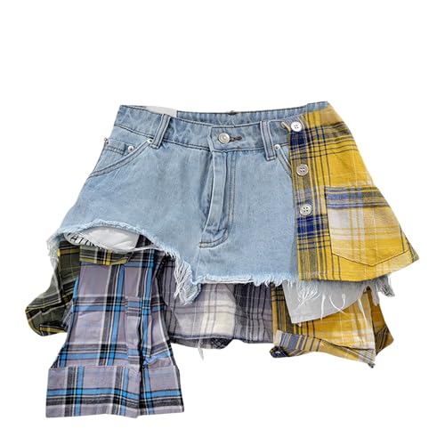 BAIMORE Damen Y2k High Waist Plaid Patchwork Asymmetrischer Saum A-Linie Mini Jeansrock, Blau/Gelb, X-Groß von BAIMORE