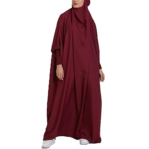 BAINA Damen Muslim Roben Einfarbig Lose Muslimisches Kleid Mit Kapuze Bequem Islamische Gebetskleidung Fledermaus Ärmel Langarm Türkische Robe Mit Turban für Ethnische, Braut, Abend, Party von BAINA