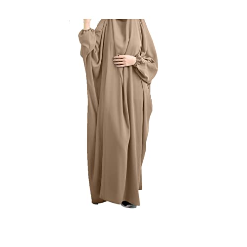 BAINA Damen Muslim Roben Einfarbig Lose Muslimisches Kleid Mit Kapuze Islamische Gebetskleidung Fledermaus Ärmel Langarm Türkische Robe, Party, Hochzeitskleid, Einheitsgröße, Khaki von BAINA