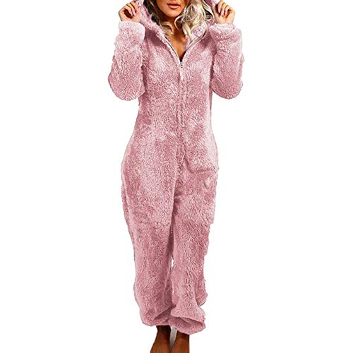 BAINA Damen One Piece Pyjama Teddy Fleece Reißverschluss Ganzkörperanzug Hausanzug Flauschig Warme Jumpsuits Overall Pyjama S - 4XL von BAINA