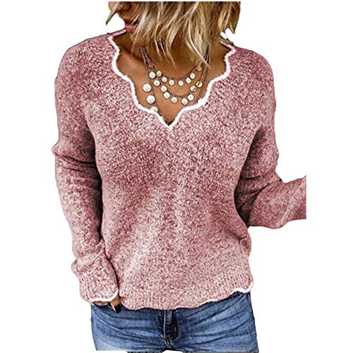 BAINA Damen Pullover Sexy V-Ausschnitt Causal Strickpullover Elegant Einfarbig Basic Sweatshirts Gemütlich Winter Lose Langarm Pulli Oversize (L, Rosa) von BAINA