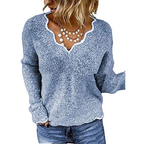 BAINA Women's Pullover Sexy V-Neck Casual Knitted Jumper Elegant Plain Basic Sweatshirts Cosy Winter Loose Long Sleeve Jumper Oversize, Blue, s von BAINA