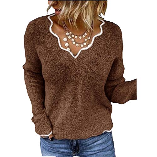 BAINA Damen Pullover Sexy V-Ausschnitt Causal Strickpullover Elegant Einfarbig Basic Sweatshirts Gemütlich Winter Lose Langarm Pulli Oversize von BAINA