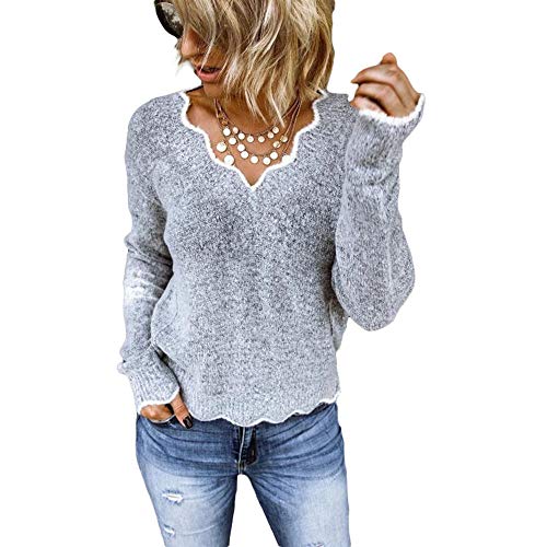 BAINA Damen Pullover Sexy V-Ausschnitt Causal Strickpullover Elegant Einfarbig Basic Sweatshirts Gemütlich Winter Lose Langarm Pulli Oversize von BAINA