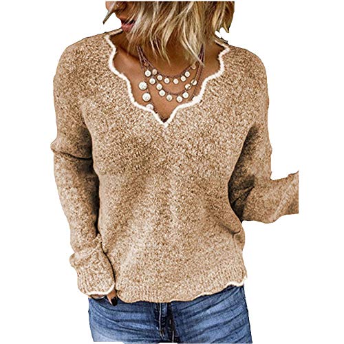 BAINA Damen Pullover Sexy V-Ausschnitt Causal Strickpullover Elegant Einfarbig Basic Sweatshirts Gemütlich Winter Lose Langarm Pulli Oversize von BAINA