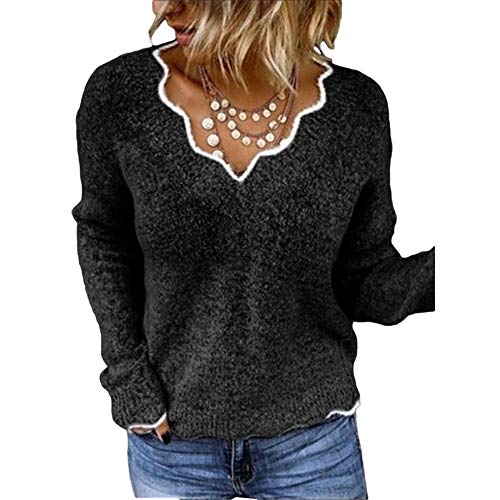 BAINA Damen Pullover Sexy V-Ausschnitt Causal Strickpullover Elegant Einfarbig Basic Sweatshirts Gemütlich Winter Lose Langarm Pulli Oversize von BAINA