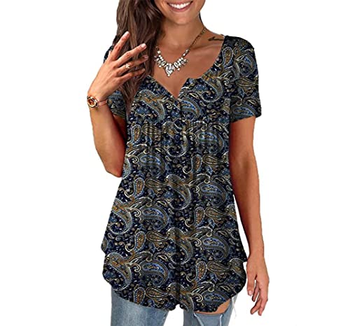 BAINA Damen T-Shirt Blumen V Ausschnitt Sommer Oberteil Casual Lose Übergröße Tuniken Tops Für Frauen Longshirt Oversize Bluse Kurzarm M - 4XL von BAINA