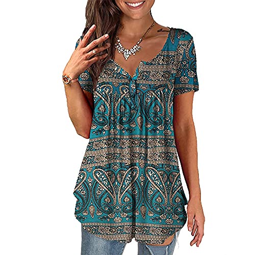 Baina Women's T-Shirt with Floral Print, V Neck Summer Top, Casual, Loose, Plus Size Tunic Tops for Women, Long Shirt, Oversize Blouse with Short Sleeves, M - 4XL Size,Grün,L von BAINA