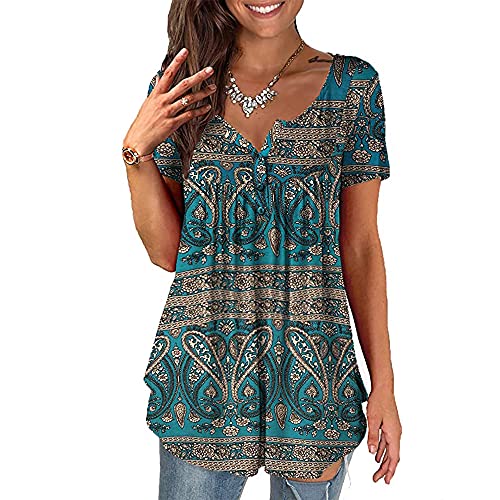 Baina Women's T-Shirt with Floral Print, V Neck Summer Top, Casual, Loose, Plus Size Tunic Tops for Women, Long Shirt, Oversize Blouse with Short Sleeves, M - 4XL Size,Grün,XXL von BAINA