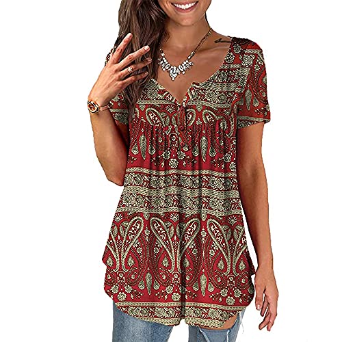 Baina Women's T-Shirt with Floral Print, V Neck Summer Top, Casual, Loose, Plus Size Tunic Tops for Women, Long Shirt, Oversize Blouse with Short Sleeves, M - 4XL Size,Rot,L von BAINA