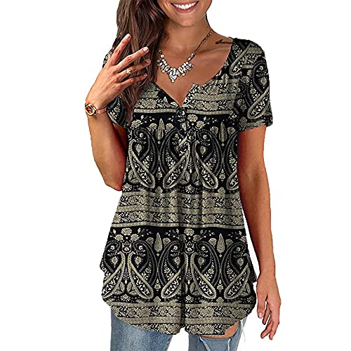 Baina Women's T-Shirt with Floral Print, V Neck Summer Top, Casual, Loose, Plus Size Tunic Tops for Women, Long Shirt, Oversize Blouse with Short Sleeves, M - 4XL Size,Schwarz,3XL von BAINA