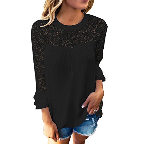 BAINASIQI Damen Casual Spitzen Chiffon Bluse Rundhals Langarm T-Shirt Tops Einfarbig (M, Schwarz) von BAINASIQI