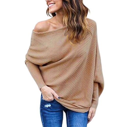 BAINASIQI Damen Elegant Langarm Schulterfrei Pullover Sweater Übergroß Strickpullover Bluse Tops Oberteil (S, Khaki) von BAINASIQI