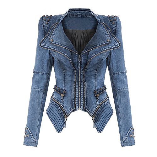 BAINASIQI Damen Vintage Nieten Jeansjacke Spike Punk Bikerjacke Reißverschluss Denim Übergangsjacke Blazer Mäntel (2XL, Blau) von BAINASIQI