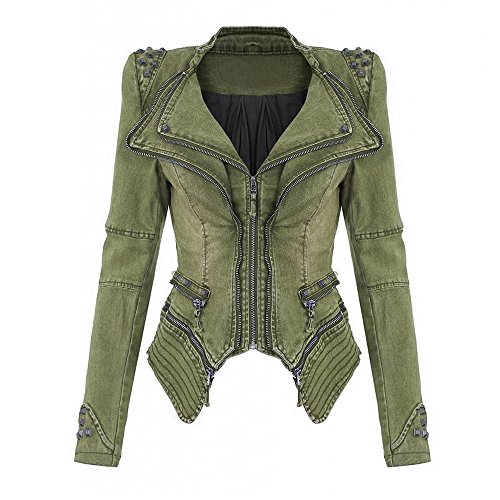 BAINASIQI Damen Vintage Nieten Jeansjacke Spike Punk Bikerjacke Reißverschluss Denim Übergangsjacke Blazer Mäntel (M, Grün) von BAINASIQI