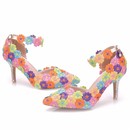 BAIRUNDA Damen Brautschuhe, 8 Cm Hohe Absätze Sandalen Spitze Blumen Hochzeitsschuhe Seitlich Hohle Pumps Bequeme Knöchelriemen, Schnalle, Spitzer Zehenbereich, Für Erwachsene Geschenke, 35 EU,Color von BAIRUNDA