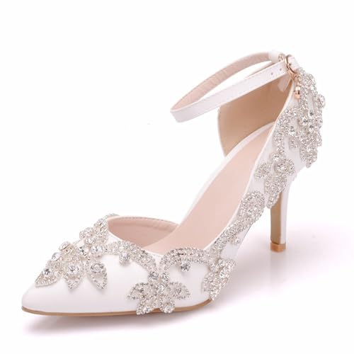 BAIRUNDA Damen Brautschuhe, 8 Cm Weiße High Heels Sandalen, Strass Hochzeitsschuhe Seitlich Hohle Pumps Bequeme Spitze Zehen Bankett-Abendschuhe, 38 EU,White von BAIRUNDA