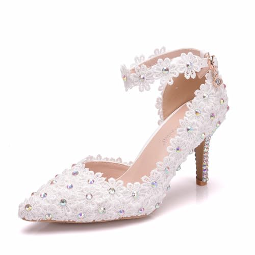 BAIRUNDA Damen Brautschuhe, 8 Cm Weiße Sandalen Spitze Blumen Strasssteine Hochzeitsschuhe Seitliche Hohle Pumps Bequeme Schnalle Spitze Zehen, Bankett Abendschuhe, 40 EU,White von BAIRUNDA